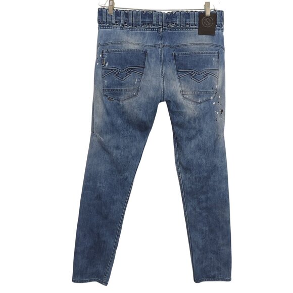 Salsa Jeans Men’s W33 L32 Blue Distressed Paint Splatter Slim Fit Button Fly - Picture 2 of 16